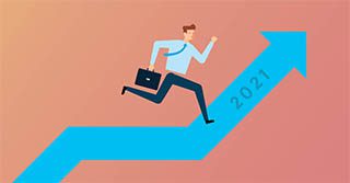 Illustration of a businessman running up the arrow pointing up